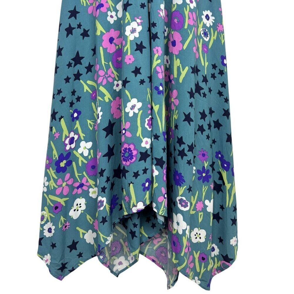 ModCloth Floral Midi Dress Small Teal Multicolor Stars Asymmetric Hem Fairy Y2K - Picture 7 of 15